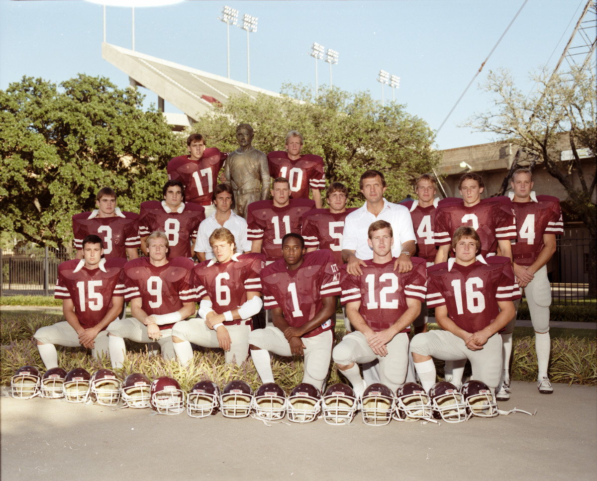 Former Texas A&M Aggies coach Jackie Sherrill stands outside Kyle Field with the 12th Man Kickoff Team.
